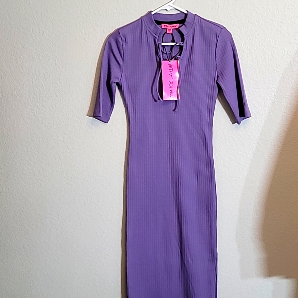 BETSEY JOHNSON Rib-Knit Lace-Up Bodycon Dress in Violet - Picture 6 of 13